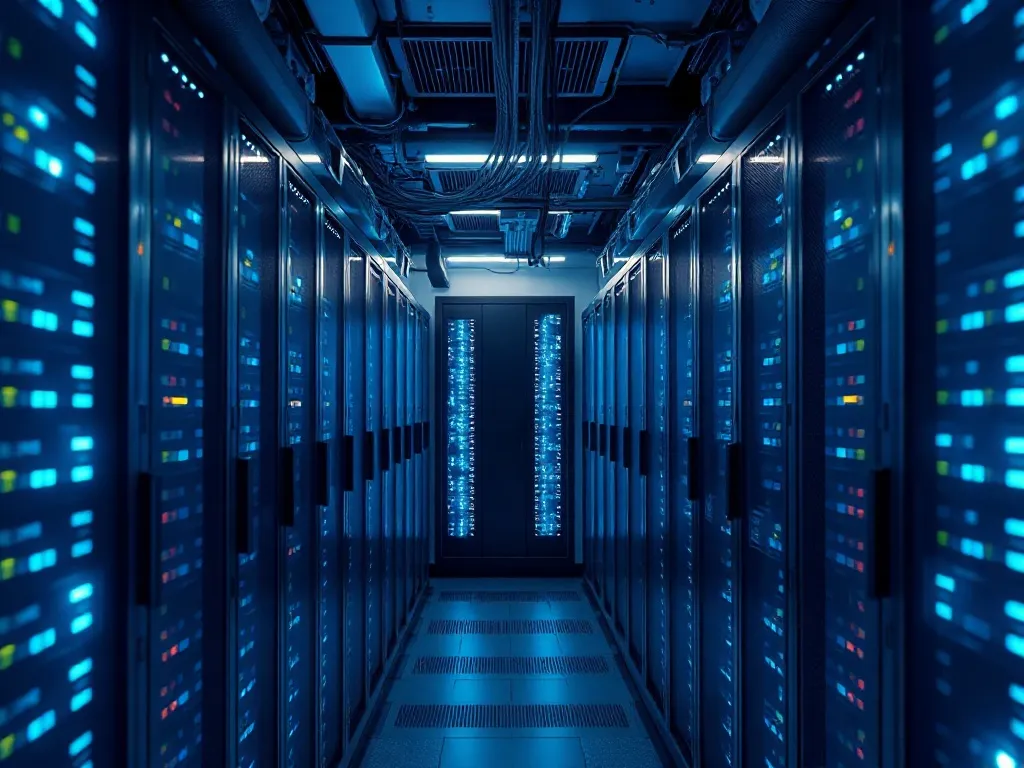 A high-tech server room with blue glowing lights and data ca